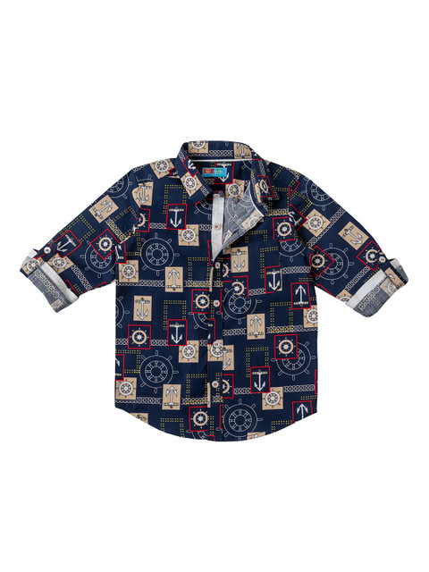 

Kid Studio Boys Navy Blue & Beige Regular Fit Printed Casual Shirt