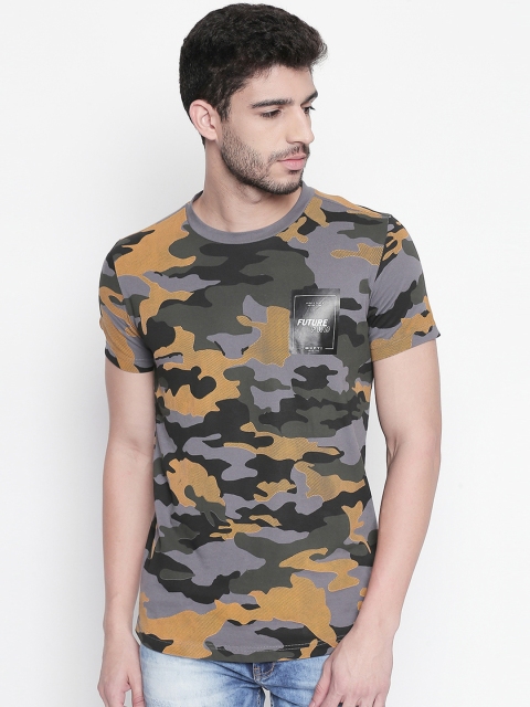 

Mufti Men Grey Mustard Yellow Printed Round Neck Pure Cotton T-shirt