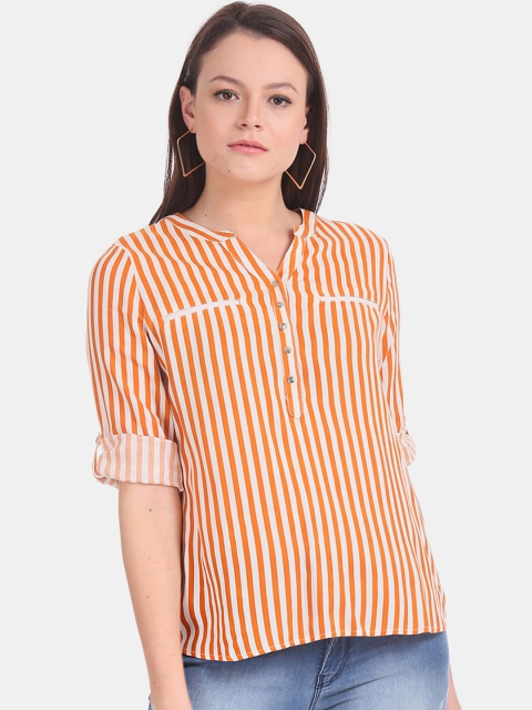 Cherokee Women Orange & White Candy Stripe Top