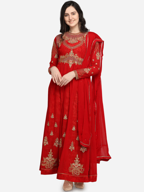 

Stylee LIFESTYLE Red & Gold-Coloured Embroidered Semi-Stitched Dress Material