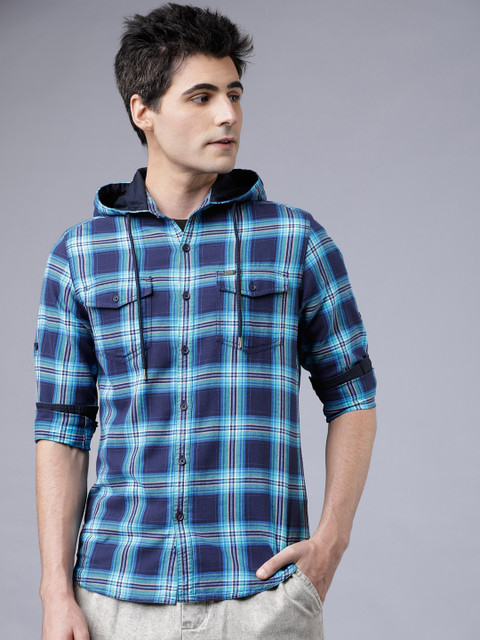 

LOCOMOTIVE Men Blue Slim Fit Checked Casual Shacket