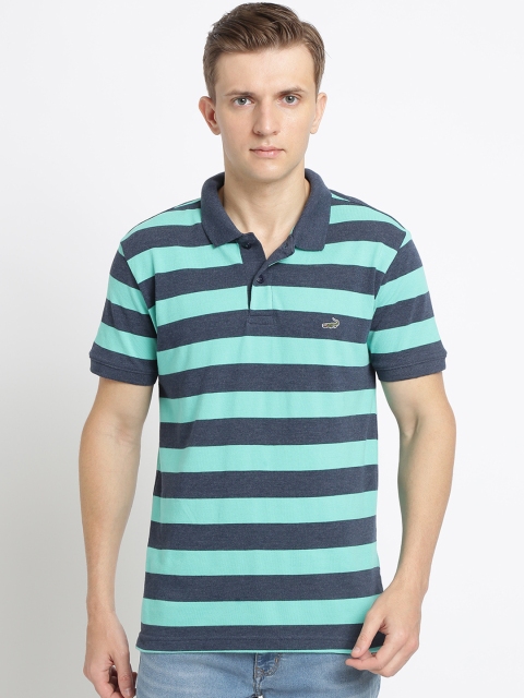 

Crocodile Men Navy Blue & Sea Green Striped Slim Fit Polo Collar T-shirt