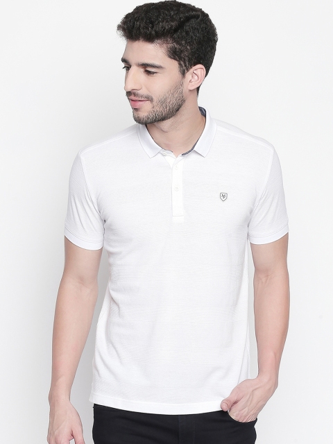 

Mufti Men White Self-Striped Slim Fit Polo Collar T-shirt