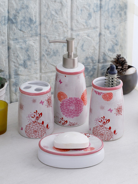 

Cortina Set Of 4 White & Pink Printed Resin Bathroom Accessories