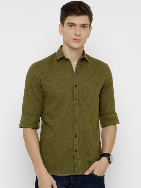 

CAVALLO by Linen Club Men Cotton Linen Olive Green & Red Regular Fit Printed Casual Shirt