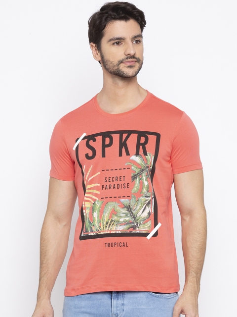 

SPYKAR Men Orange Printed Round Neck T-shirt