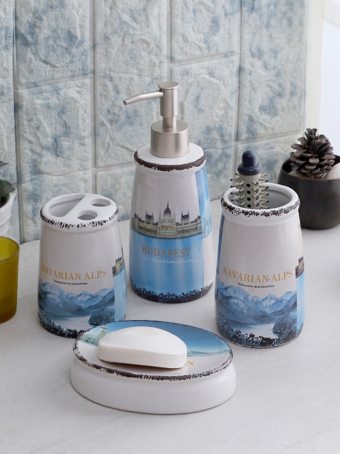 

Cortina Set Of 4 White & Blue Resin Bathroom Accessories
