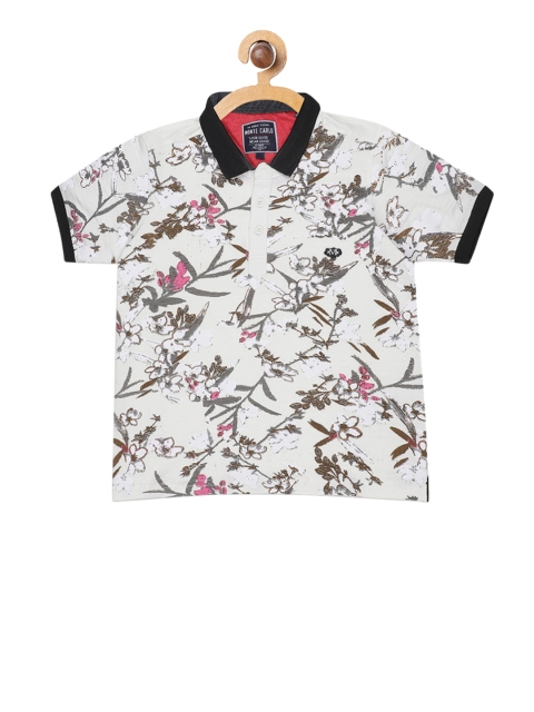

Monte Carlo Boys Off-White & Grey Printed Polo Collar T-shirt