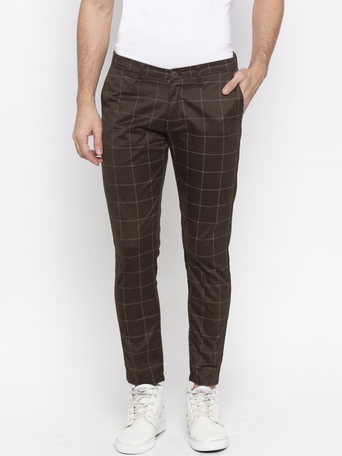 

SPYKAR Men Brown & White Tapered Fit Checked Regular Trousers