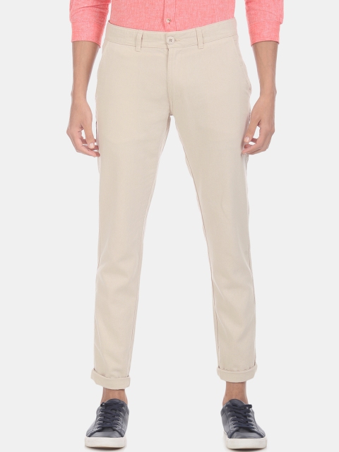 

Ruggers Men Cream-Coloured Slim Fit Solid Regular Trousers