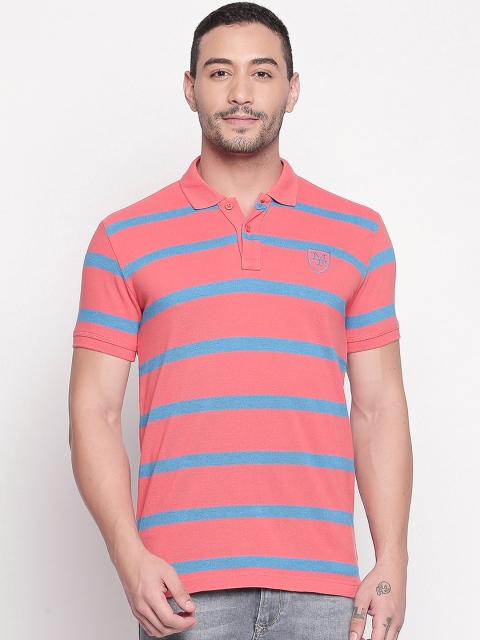 

Mufti Men Coral Pink & Blue Striped Slim Fit Polo Collar T-shirt