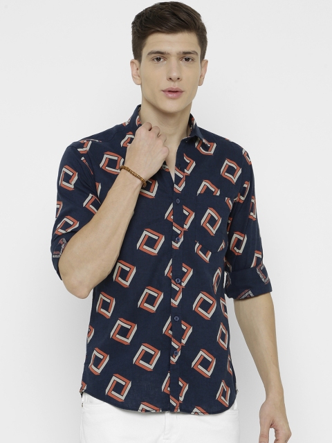 

CAVALLO by Linen Club Men Cotton Linen Navy Blue & Orange Regular Fit Printed Casual Shirt