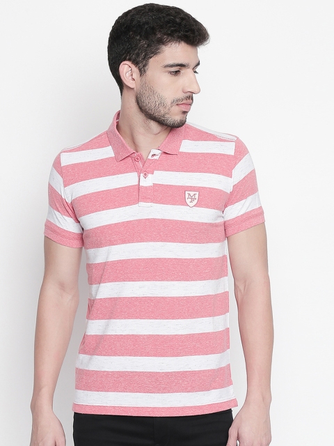 

Mufti Men Pink & White Striped Polo Collar Slim Fit T-shirt