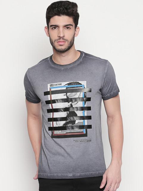 

Mufti Men Grey Printed Slim Fit Round Neck Pure Cotton T-shirt