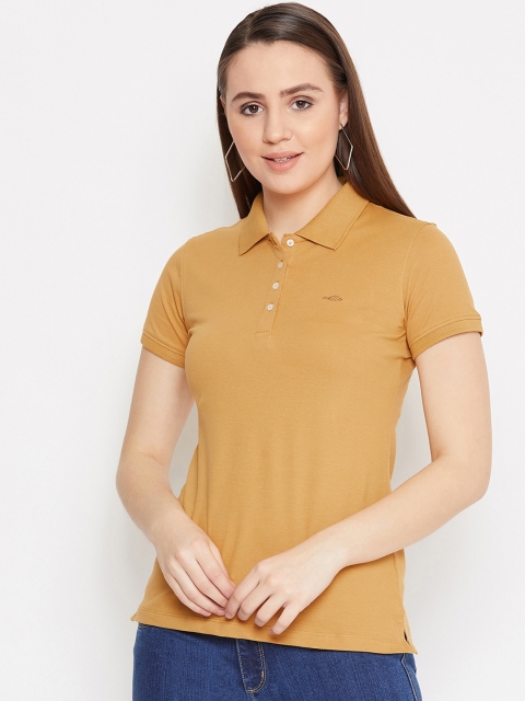 

METTLE Women Mustard Yellow Solid Polo Collar T-shirt