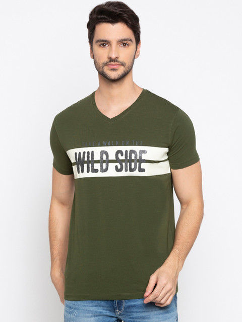 

SPYKAR Men Olive Green & White Printed V-Neck T-shirt