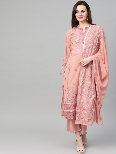 

Ishin Peach-Coloured & Silver-Coloured Embroidered Semi-Stitched Dress Material