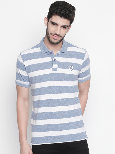 

Mufti Men Blue & White Slim Fit Striped Polo Collar T-shirt