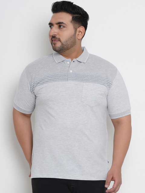 

John Pride Plus Size Men Grey Striped Polo Collar T-shirt