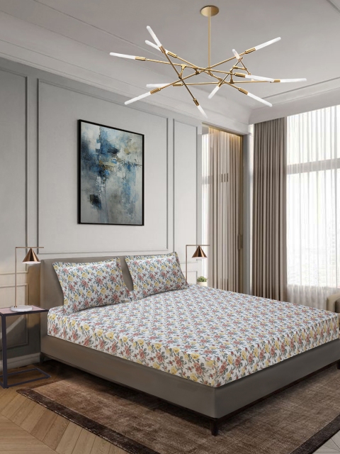 

Aura Off-White & Green Floral 144 TC Cotton 1 King Bedsheet with 2 Pillow Covers