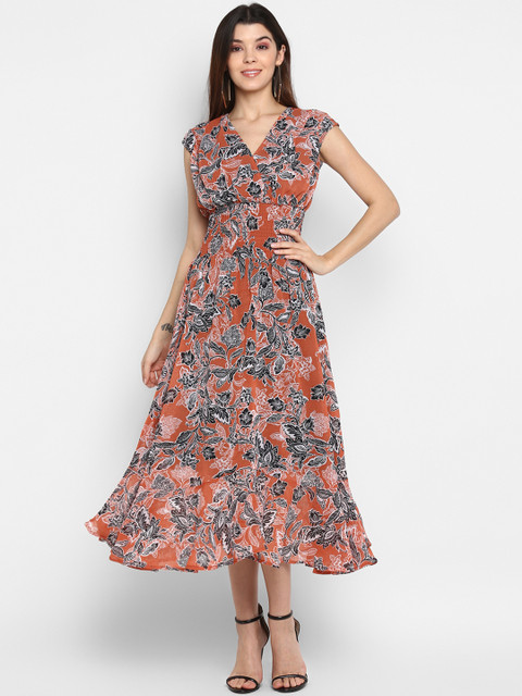 

MIAMINX Women Rust Brown & Black Printed Fit and Flare Dress
