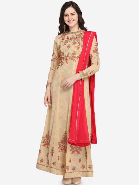 

Stylee LIFESTYLE Beige & Pink Embroidered Semi-Stitched Dress Material