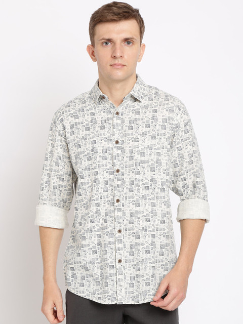 

Crocodile Men Off-White & Navy Blue Slim Fit Printed Casual Shirt