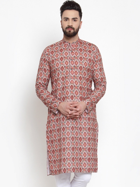 

Jompers Men Peach-Coloured & Orange Printed Straight Kurta
