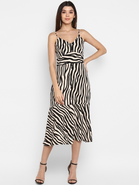 

MIAMINX Women Cream-Coloured & Black Zebra Skin Printed Fit and Flare Dress
