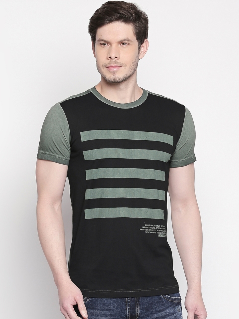 

Mufti Men Black Green Slim Fit Striped Round Neck Pure Cotton T-shirt