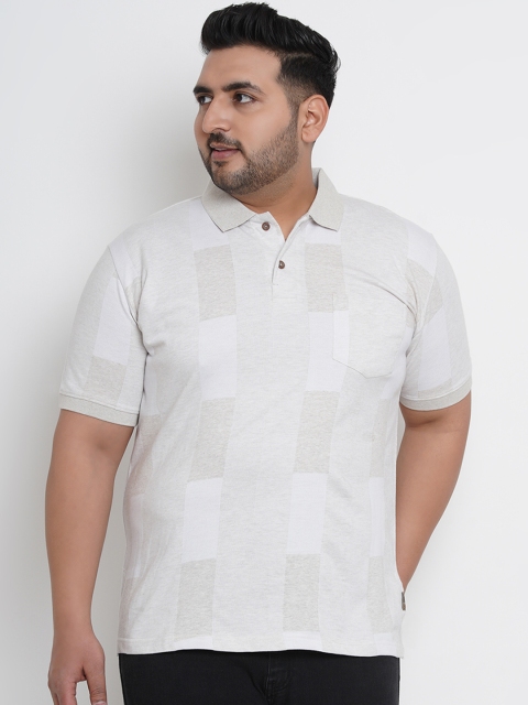 

John Pride Plus Size Men Cream-Coloured Striped Polo Collar T-shirt