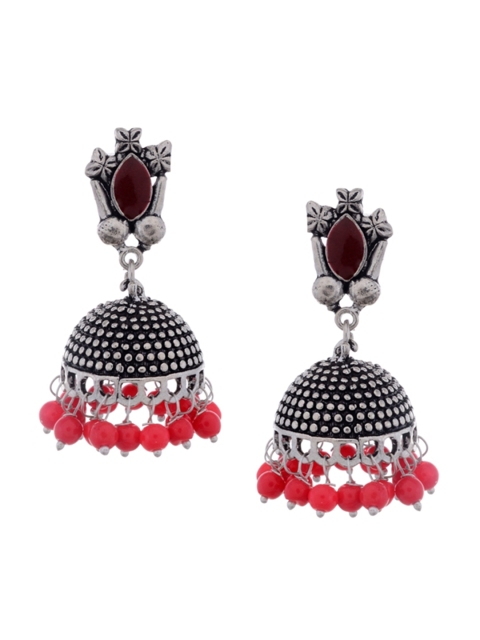 

Silvermerc Designs Red & Black Silver Plated Handcrafted Dome Shaped Jhumkas