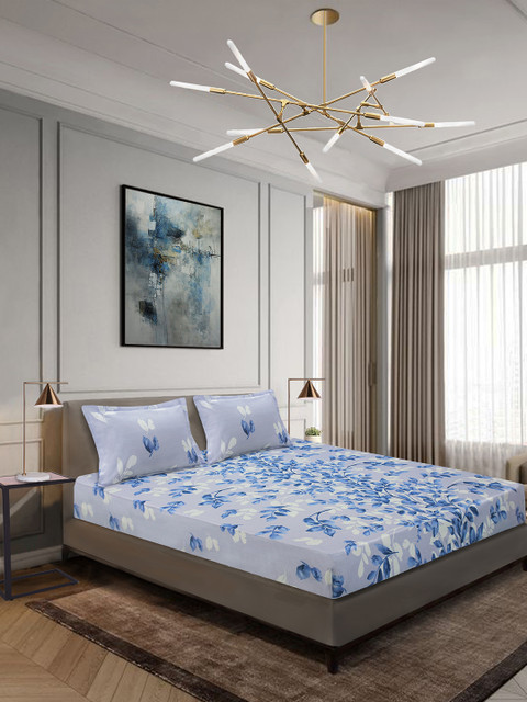

Aura Blue Floral 144 TC Cotton 1 King Bedsheet with 2 Pillow Covers