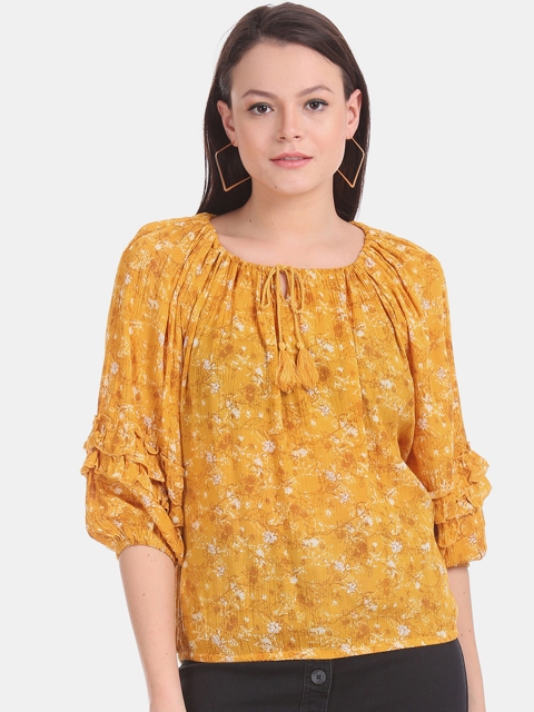 

Cherokee Women Mustard Yellow Floral Print Blouson Top
