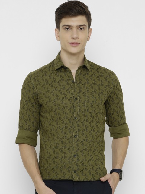 

CAVALLO by Linen Club Men Cotton Linen Olive Green & Black Regular Fit Printed Casual Shirt