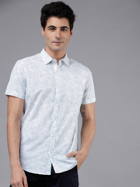 Men White & Blue Slim Fit Printed Casual Shirt