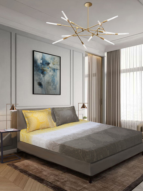 

Aura Grey & Off-White Ethnic Motifs 144 TC Cotton 1 King Bedsheet with 2 Pillow Covers