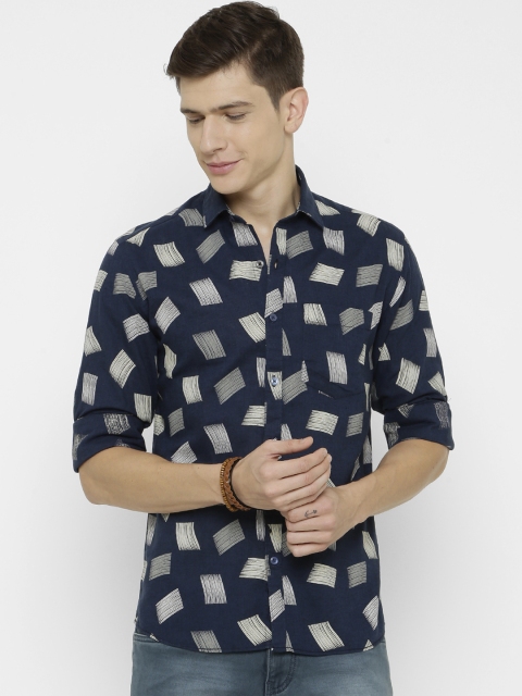 

CAVALLO by Linen Club Men Cotton Linen Navy Blue & White Regular Fit Printed Casual Shirt