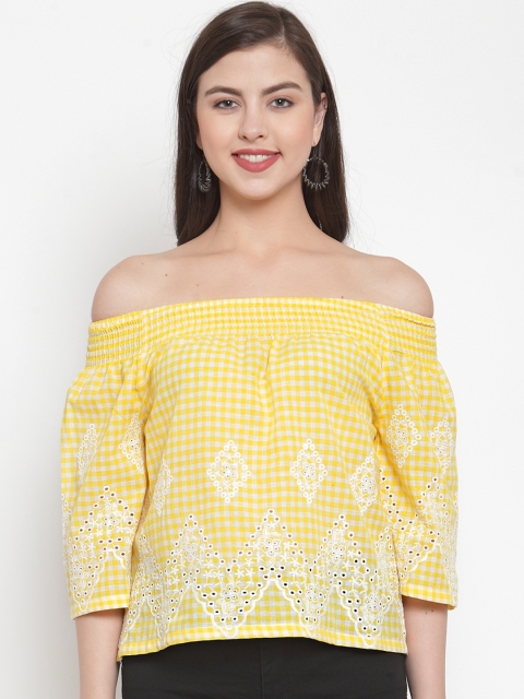 

Purplicious Women Yellow Checked Schiffli Bardot