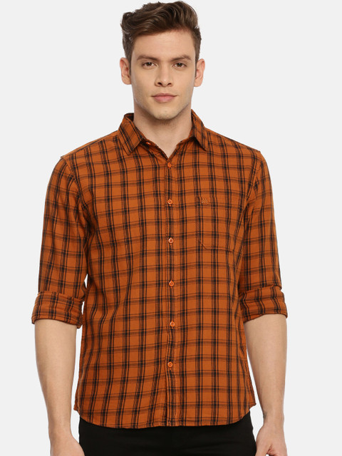 

Chennis Men Orange & Black Slim Fit Checked Casual Shirt, Rust