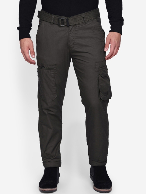

beevee Men Olive Green Regular Fit Solid Cargos With Belt