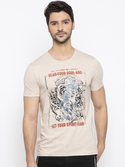 

SPYKAR Men Beige & Black Printed Round Neck T-shirt