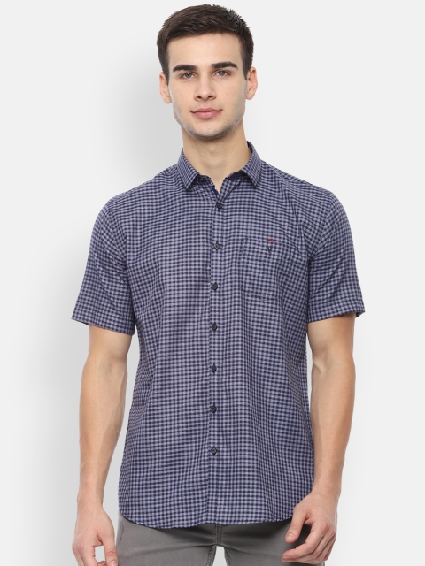 

V Dot Men Navy Blue & Grey Slim Fit Checked Casual Shirt