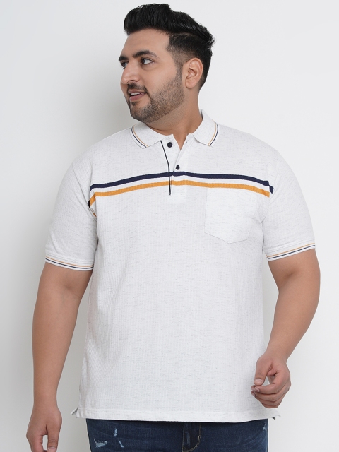 

John Pride Plus Size Men White Striped Polo Collar T-shirt