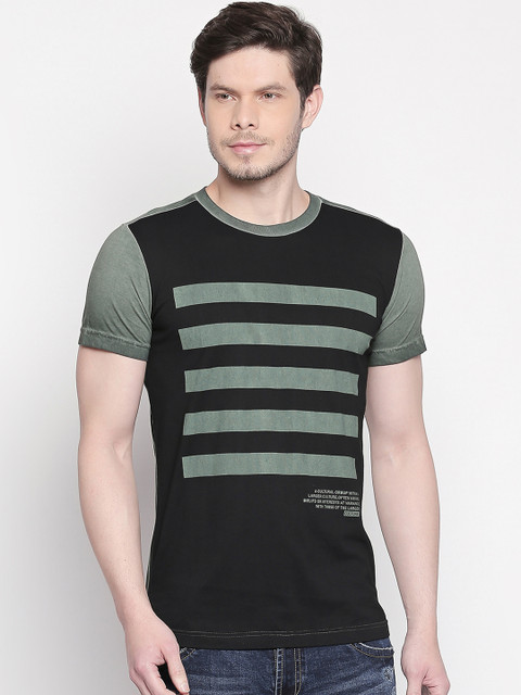 

Mufti Men Black Green Slim Fit Striped Round Neck Pure Cotton T-shirt