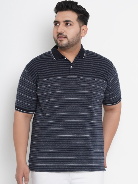 

John Pride Plus Size Men Navy Blue Striped Polo Collar T-shirt