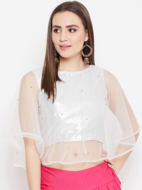 

studio rasa Women Net Pearl Embellished Cape Top, Silver