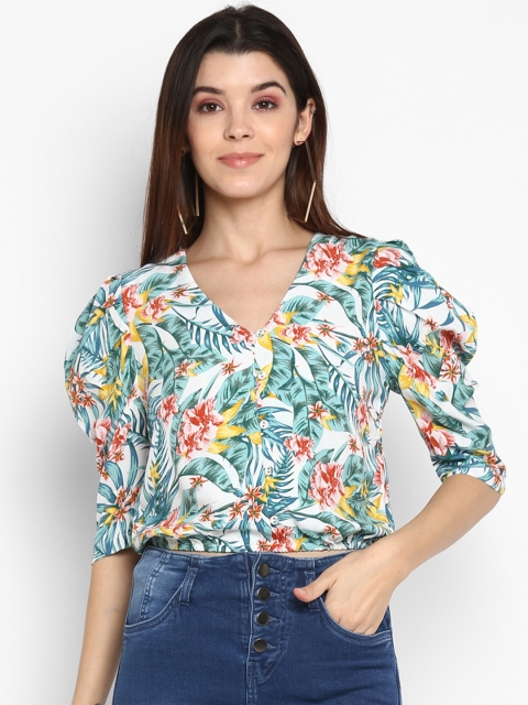 

MIAMINX Women White & Green Printed Top