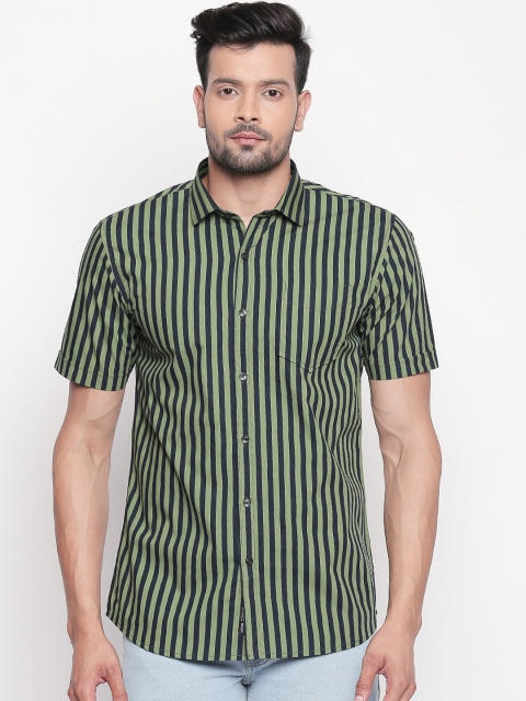 

L.A. SEVEN Men Green & Navy Blue Slim Fit Striped Casual Shirt