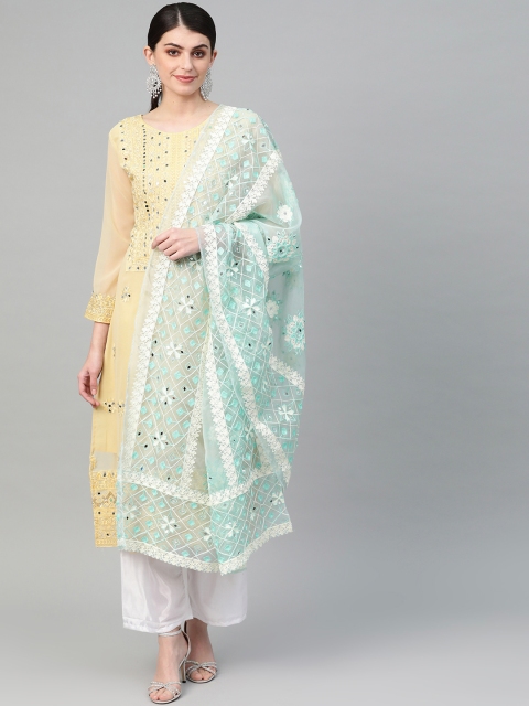

Ishin Yellow & Sea Green Embroidered Poly Georgette Semi-Stitched Dress Material